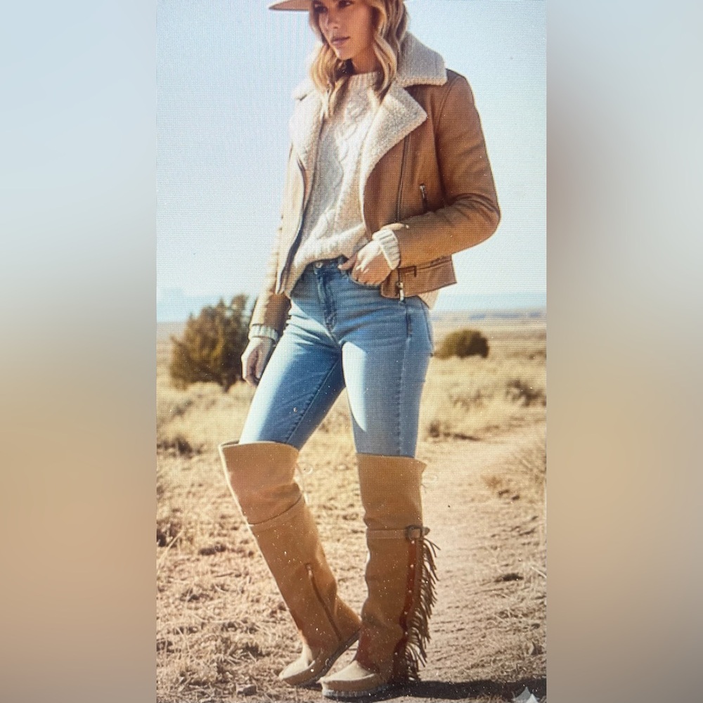 NEW! Thigh High Beige fringe Buckle Boho Hippie Festival Moccasin style boots 10